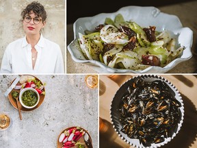 Clockwise from top left: Paris-based writer and food stylist Rebekah Peppler, celery and fennel salad, mussels in aïoli, and radishes and radish leaf pesto