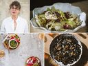 Clockwise from top left: Paris-based writer and food stylist Rebekah Peppler, celery and fennel salad, mussels in aïoli, and radishes and radish leaf pesto. PHOTOS BY JOANN PAI