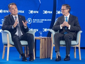 President of the Deutsche Bundesbank Joachim Nigel, left, and Bank of Canada Governor Tiff Macklem take part in a panel discussion at the Conference of Montreal Wednesday, June 12, 2024 in Montreal.