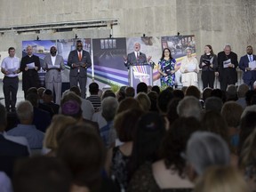 Rabbi Jeffrey Myers, center, Tree of Life congregation and 10/27 survivor, leads an interfaith blessing during the groundbreaking ceremony for the new Tree of Life complex in Pittsburgh, Sunday, June 23, 2024. The new structure is replacing the Tree of Life synagogue where 11 worshipers were murdered in 2018 in the deadliest act of antisemitism in U.S. history.