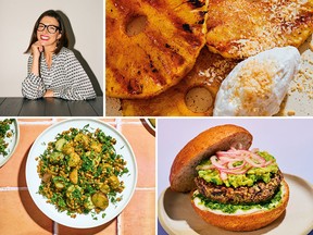 Clockwise from top left: author Desiree Nielsen, grilled pineapple with toasted coconut, cumin lime black bean burgers and herby potato salad with grainy mustard vinaigrette