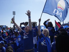 Supporters of the main opposition Democratic Alliance (DA) party attend a final election rally, in Benoni, South Africa, Sunday, May 26, 2024. South Africa's four main political parties have begun a final weekend of campaigning before a possibly pivotal election that could bring the country's most important change in 30 years.
