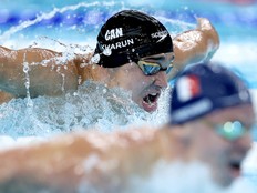 Ilya Kharun of Team Canada competes in the Men's 200m Butterfly Semifinals on day four of the Olympic Games Paris 2024.