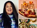 Clockwise from left: author Khushbu Shah, jaggery and fennel Rice Krispie treats, achari paneer pizza and amchur ranch salad with crispy chickpeas. AUTHOR PHOTO BY ALEX LAU/FOOD PHOTOS BY AUBRIE PICK