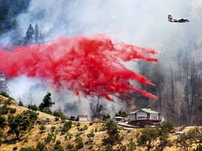 An air tanker drops retardant behind a home while battling the Toll Fire near Calistoga, Calif., Tuesday, July 2, 2024. An extended heatwave blanketing Northern California has resulted in red flag fire warnings and power shutoffs.