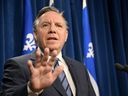 Quebec Premier Francois Legault speaks at a news conference on May 8, 2024 at the legislature in Quebec City.