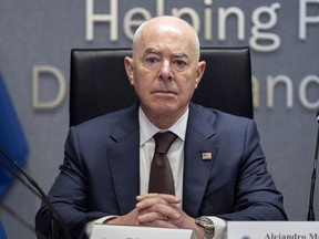 Homeland Security Secretary Alejandro Mayorkas attends a briefing on the 2024 hurricane and wildfire outlook at the headquarters of the Federal Emergency Management Agency (FEMA) on Friday, June 21, 2024, in Washington.