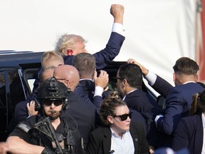 Donald Trump pumps his fist after he was shot at