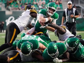 It will now be up to Shea Patterson to keep the Saskatchewan Roughriders on their winning ways. Patterson (5) dives for a touchdown against Hamilton Tiger-Cats during the second half of CFL football action in Regina, on Sunday, June 23, 2024.