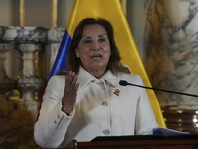 Peru's President Dina Boluarte gives a statement to the press during an official visit by Ecuadorean counterpart Daniel Noboa to the government palace in Lima, Peru, Thursday, July 4, 2024.
