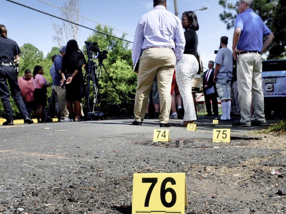 Bullet casings litter the ground behind a press conference on July 5, 2023, in Shreveport, La. At least three killed and 10 wounded.