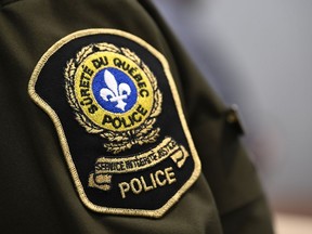 A Quebec provincial police patch at a news conference, in Quebec City, on Feb. 29, 2024.