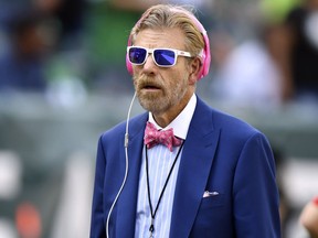 FILE - Philadelphia sports radio host Howard Eskin looks on from the sideline during an NFL football game between the Philadelphia Eagles and the Kansas City Chiefs, Sunday, Oct. 3, 2021, in Philadelphia. Eskin's employer has suspended him from Philadelphia Phillies home games for the rest of the season after investigations showed he kissed a worker for Citizens Bank Park's food service provider without consent.