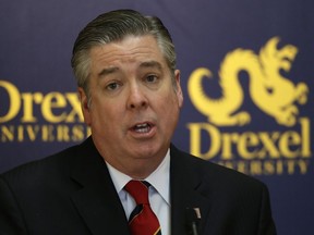 FILE - Drexel University President John Fry speaks during a news conference at Drexel University, April 2, 2013, in Philadelphia. Temple University said Wednesday, July 3, 2024 that it has hired Fry to become its 15th president, concluding a search that had been buffeted by the sudden death last fall of then-acting president JoAnne Epps.