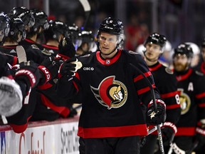 Ottawa Senators defenceman Jakob Chychrun (6) celebrates his goal against the Buffalo Sabres during first period NHL hockey action in Ottawa, on Sunday, Dec. 31, 2023. The Senators traded Chychrun to the Washington Capitals for fellow defenceman Nick Jensen and a third-round pick in the 2026 NHL draft Monday.THE CANADIAN PRESS/Justin Tang
