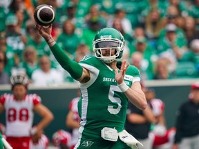 Saskatchewan Roughriders quarterback Shea Patterson throws against the Calgary Stampeders during CFL action in Regina, Saturday, July 15, 2023. Patterson is confident that he's up to the challenge of making his first CFL start Thursday when the Saskatchewan Roughriders host the Toronto Argonauts.