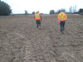 Workers walk across a dirt field.