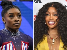 This combination photo shows gymnast Simone Biles at the United States Gymnastics Olympic Trials June 30, 2024, in Minneapolis, left, and SZA at the iHeartRadio Music Awards April 1, 2024, in Los Angeles. (AP Photo)
