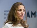 Deputy Prime Minister and Minister of Finance Chrystia Freeland addresses media during an announcement at the Association of Municipalities of Ontario (AMO) office in downtown Toronto, Ont. on Tuesday June 25, 2024.