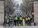 Montreal police control McGill University's Roddick Gates ahead of a pro-Israel counter-demonstration near the anti-Israel encampment on the campus on May 2, 2024.