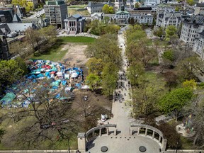 An aerial view of the anti-Israel encampment at McGill