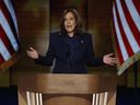 Democratic presidential candidate, U.S. Vice President Kamala Harris  speaks on stage during the final day of the Democratic National Convention on Aug. 22, 2024 in Chicago, Illinois.