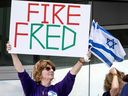 A protester calls for CUPE Ontario President Fred Hahn to be fired, in Richmond Hill on Tuesday August 27, 2024.