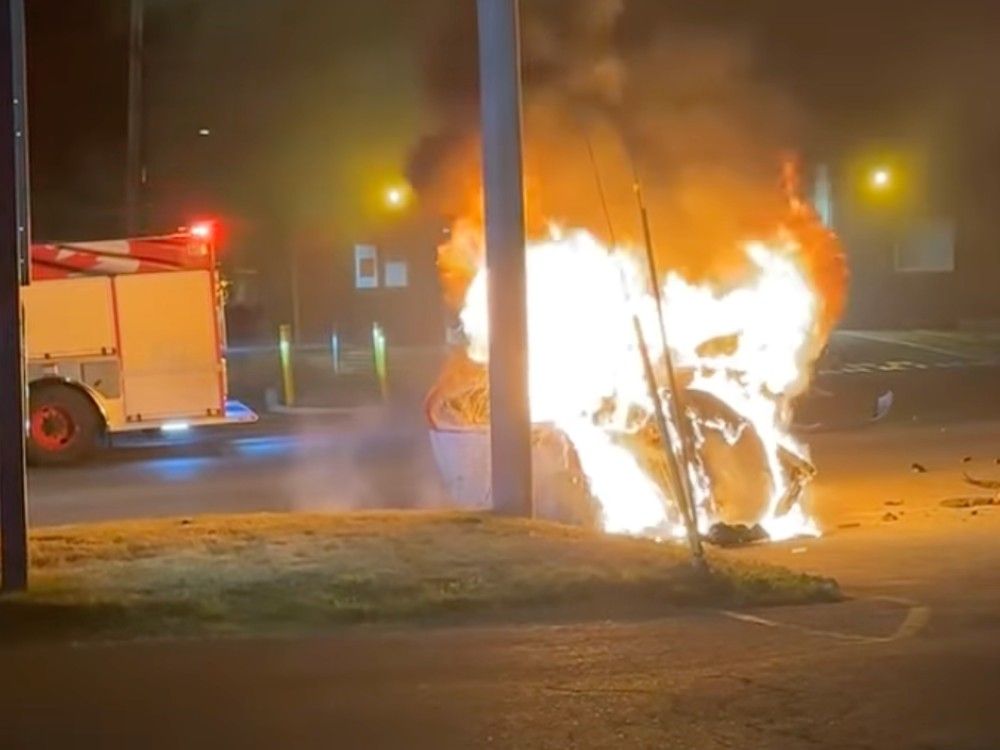 NextImg:Shocking videos show car on fire after collision in Newfoundland town