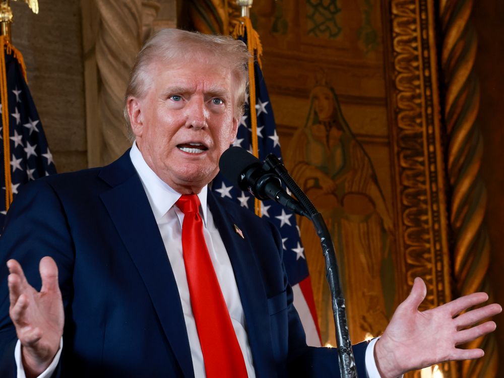 Republican presidential candidate former President Donald Trump speaks during a press conference at his Mar-a-Lago estate in Palm Beach, Florida, on August 08, 2024.