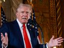 Republican presidential candidate former President Donald Trump speaks during a press conference at his Mar-a-Lago estate in Palm Beach, Florida, on August 08, 2024.