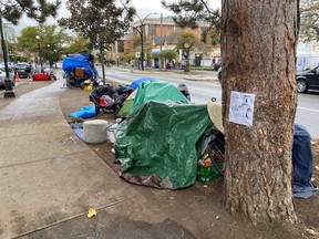 Homeless people have set up tents in Harris Green neighbourhood in Victoria on Wednesday Oct. 11, 2023.