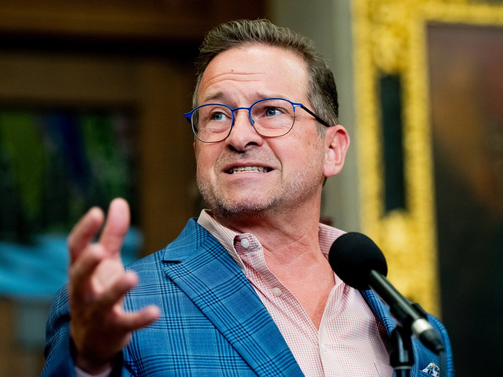 Bloc Québécois Leader Yves-François Blanchet  speaks in the foyer of the House of Commons on Parliament Hill in June 4, 2024.