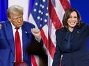 This combination of pictures created on September 09, 2024 shows former U.S. President and Republican presidential candidate Donald Trump on Aug. 29, 2024 and U.S. Vice President and Democratic presidential candidate Kamala Harris on Aug. 22, 2024.