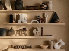 Personal collections are a big fall trend. “I love the mix of modern and rustic shapes,” says Christian Dare of this display in Toronto decor shop Bettencourt Manor.