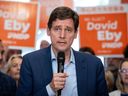 B.C. Premier David Eby speaks during a B.C. NDP campaign event in Vancouver, Thursday, Sept. 12, 2024.