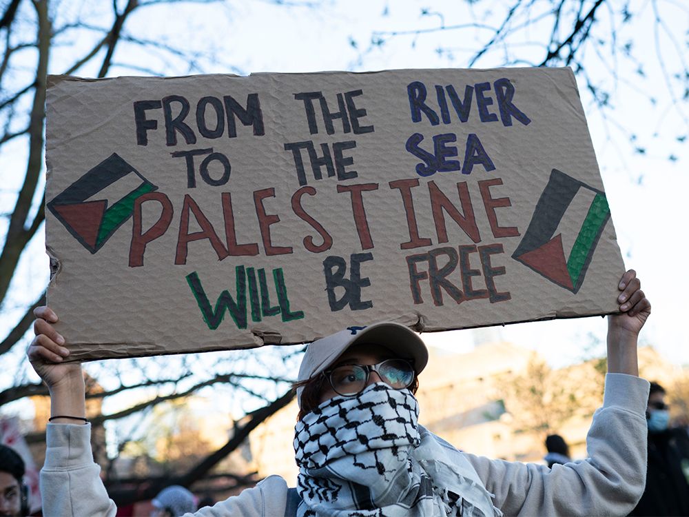 A protester calls for the obliteration of Israel at the University of Toronto on May 2, 2024.