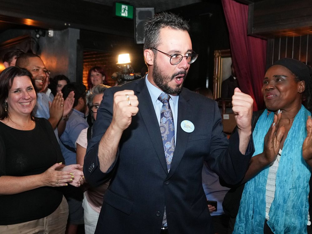 Bloc Quebecois candidate Louis-Philippe Sauvé greets supporters as he arrives at the party's byelection night gathering for the riding of LaSalle-Emard-Verdun in Montreal on Monday, September 16, 2024.