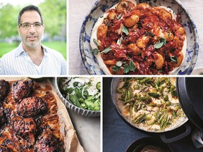 Clockwise from top left: chef Yotam Ottolenghi, butter beans with roasted cherry tomatoes, cheeseball lemon rice with chili butter and chicken with Steph's spice