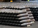 155 mm artillery shells are stacked during the manufacturing process at an ammunition plant in Scranton, Pennsylvania. The U.S. has increased shell production by 178 per cent since Russia’s invasion of Ukraine. In the same time period, Canada has increased its regular artillery shell production by about zero per cent.