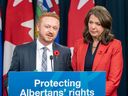 Alberta Premier Danielle Smith and Minister of Justice Mickey Amery announce proposed changes to the Alberta Bill of Rights, in Edmonton on Monday, October 28, 2024. The bill is part of a UCP governing agenda that focuses heavily on social and cultural issues.