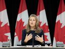 Deputy Prime Minister and Minister of Finance Chrystia Freeland responds to a question during a news conference, Monday, September 16, 2024 in Ottawa. THE CANADIAN PRESS/Adrian Wyld
