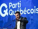 Parti Quebecois Leader Paul St-Pierre Plamondon speaks to delegates at the Parti Quebecois national council meeting on education, Saturday, October 28, 2023 in Saint-Hyacinthe Que.