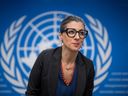 UN special rapporteur Francesca Albanese at a press conference during a session of the UN Human Rights Council, in Geneva, on March 27, 2024.
