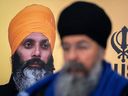 A photo of Hardeep Singh Nijjar is seen during a news conference providing an update from the Sikh community about Nijjar's homicide from June 18, 2023 in Surrey, B.C.
