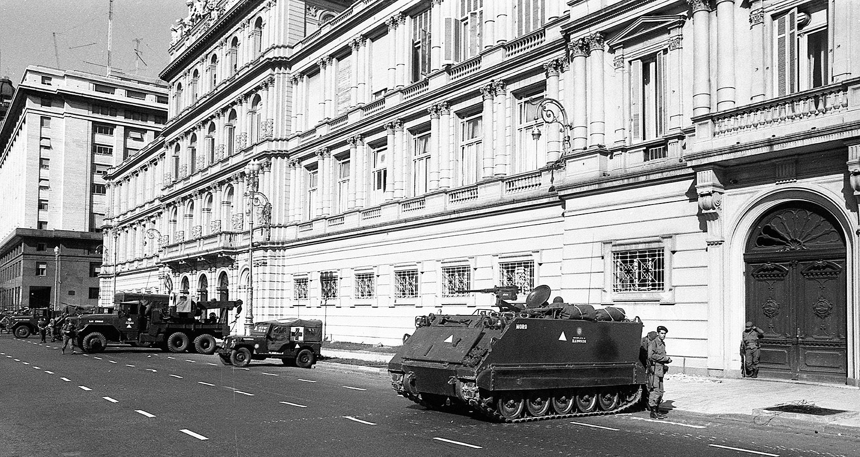 Argentine Army tanks stationed in front of Government House (Casa Rosada) during a military coup, Buenos Aires, Argentina, March 24, 1976.