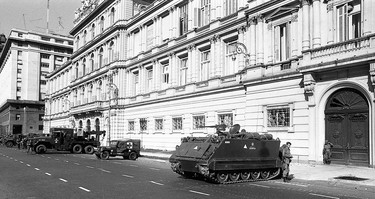 Argentine Army tanks stationed in front of Government House (Casa Rosada) during a military coup, Buenos Aires, Argentina, March 24, 1976.