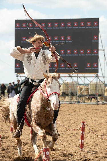 Canadian horseback archer Zoltan Csontos competes at the 2024 World Nomad Games in Kazakhstan.