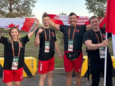 The Canadian mas-wrestling team, before their first matches at the 2024 World Nomad Games. From left, Courtney Hollihan, Ryan Grabarczyk, Coop Mitchel James and Andrew Bolinger.