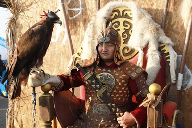 A participant in the ethno village at the 2024 World Nomad Games in Kazakhstan.