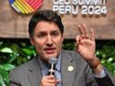 Prime Minister Justin Trudeau speaks during the APEC CEO Summit at the Convention Centre in Lima, on November 15, 2024.